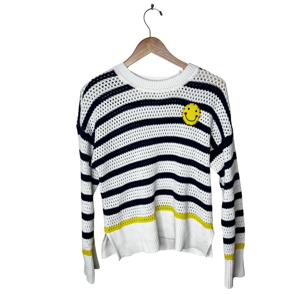 KERRI ROSENTHAL Open Knit Striped Cotton Blendy Smiley Face Crewneck Sweater